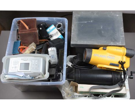 Camera Related Accessories, a box of camera related accessories including filters, cables, light meters and other items, a Pa