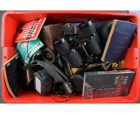 A Box of Camera Related Items, including a Kodak EK8, EK160, Fujifilm Instax 100 instant cameras, light meters, Voigtländer B