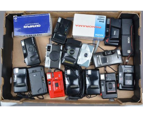 A Tray of Compact Cameras, including an Olympus R5 RC, shutter working, self timer working, not battery tested, an Olympus Tr
