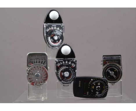 Five Light Meters, a Sekonic Studio Deluxe III l-398A, meter responsive, a Sekonic L-28?, missing nameplate on back, meter re
