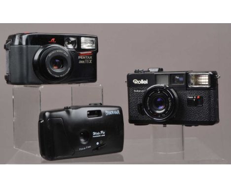Three Compact Cameras a Pentax Zoom 70-X, shutter working, flash working, a Rollei Rolleimat F, shutter working, flash workin