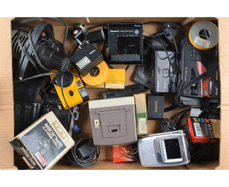 A Tray of Camera Related Items,  including a Konica POP, battery damage, AF, a Panasonic RX15 VHSC video camera, with charger