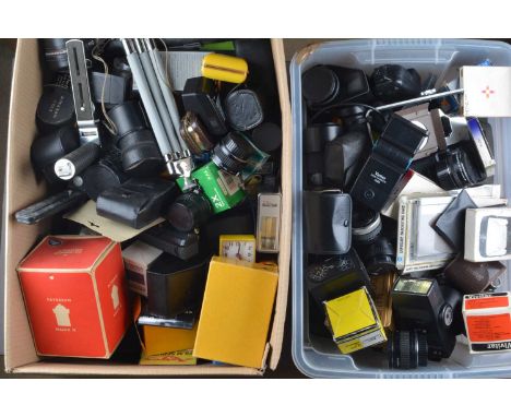 Three boxes of Camera related Accessories, including, filters, flash units, tele converter lenses, light meters, hood, caps a