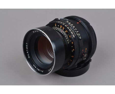 A Mamiya Sekor C 180mm f/4.5 lens, Mamiya RB67 mount, serial no 41257, shutter working, barrel G, some light wear, elements G
