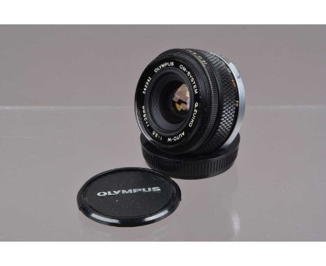 An Olympus G Zuiko 28mm f/3.5 OM Lens, barrel G, light wear, elements G-VG, with front/rear caps, hood, in Olympus lens case