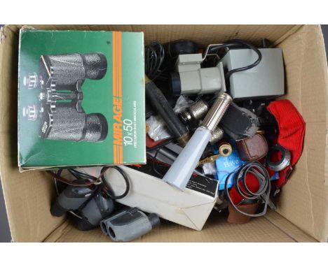 A Box of Camera Related Items,  including a pair of Mirage 10x50 binoculars, compact binoculars, flash units, tripods, hoods,