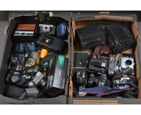 Two Trays of Various Cameras, including a Kodak No2 Brownie box camera, Ensign Ful-Vue, 4.5x3.5'' folding plate camera, Agfa 