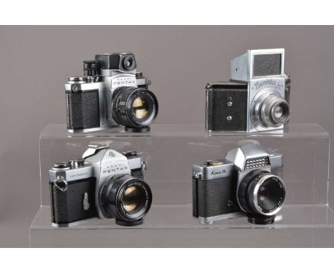 Four SLR Cameras, an Ihagee Exacta jr, shutter not working, F, Ashai Pentax SP, shutter working, self timer working, body F, 