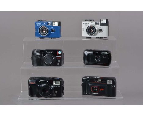 A Group of Compact Cameras, a silver Konica Pop, shutter working, flash working, blue Konica Pop, shutter working, flash work