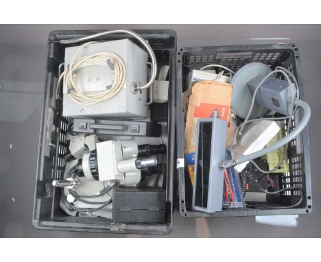 Various Scientific Instruments,  modern binocular microscope, with built in electric illuminant; Rayner Dialdex Refractometer