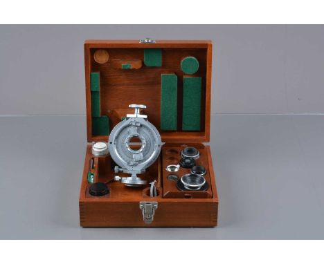 A Vickers Instruments  4-Axis Universal Stage for Polarising Microscope,  serial no. M71334, in fitted mahogany case, 225mm w