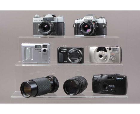 A Group of Various Cameras, a Minolta X-300, shutter working, meter responsive, body G-VG, with MC 50mm f/1.7, Vivitar 70-210