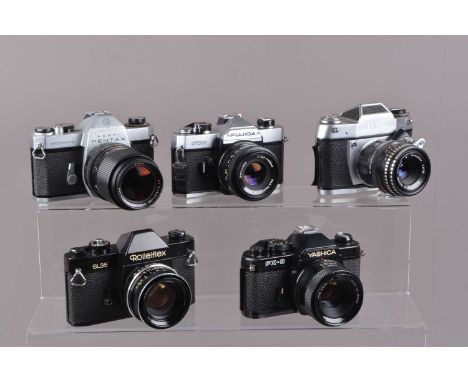 Five SLR Cameras, a Yashica FX-3, shutter working, meter responsive, self timer working, body G, with DSB 55mm f/2 lens, G, F
