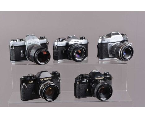 Five SLR Cameras, a Yashica FX-3, shutter working, meter responsive, self timer working, body G, with DSB 55mm f/2 lens, G, F