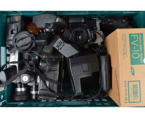 A Tray of Various Cameras,  including a Nizo S8E, Bauer C2B Super cine camera, a Yashica Reflex 25, Konica Autoreflex A, Prak