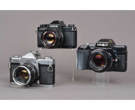 Three SLR Cameras, a Centon K100, shutter working, meter responsive (flickers), body G, with 50mm f/1.7 lens, elements G-VG, 