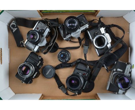 A Tray of SLR Cameras, a Pentax P30, with Takumar-a 28-80mm f/3.5-4.5 and 28mm f/2.8 lens, Minolta X-700, with Rokkor 58mm f/