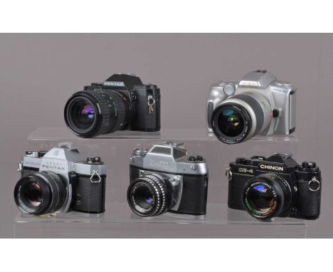 A Group of SLR Cameras, including a Pentax P30, shutter not working, with Takumar 28-80mm lens, G. Chinon CE-4, untested, wit
