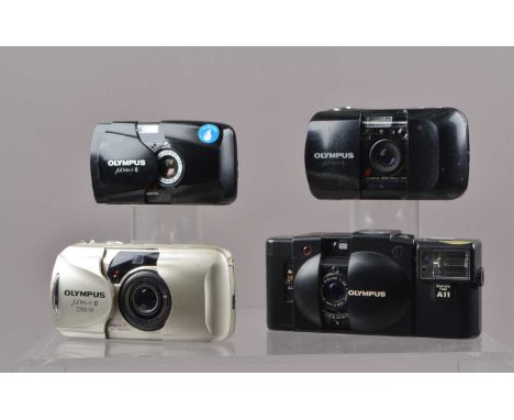 Four Olympus Compact Cameras, a mju II, powers up, shutter working, flash working, self timer working, body G, some surface s