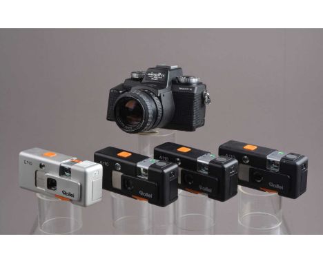 A Group of 110 Cameras, two Rollei A110, shutter working, with flash holders, in Rollei cases, an E 110, shutter not working,