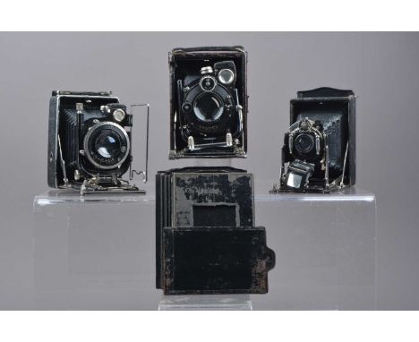 Three Folding Plate Cameras, a Butcher's Klimax model II, shutter sticking, body F-G, elements F, an Ernemann Heag XV 6.5x9.5