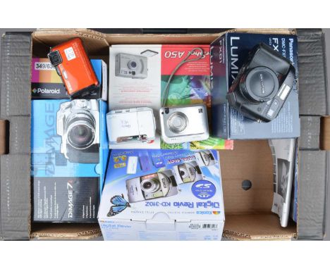 A Tray of Digital Cameras, a Minolta Dimage 7i, Lumix FX01, Canon PowerShot A50, Polaroid I is 426, all in maker's boxes, all