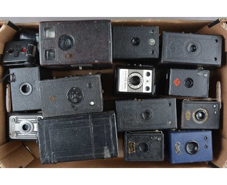 A Tray of Box Cameras, including a Houghtons falling plate camera, two other falling plate cameras, Portrait Hawkeye, Bilora 