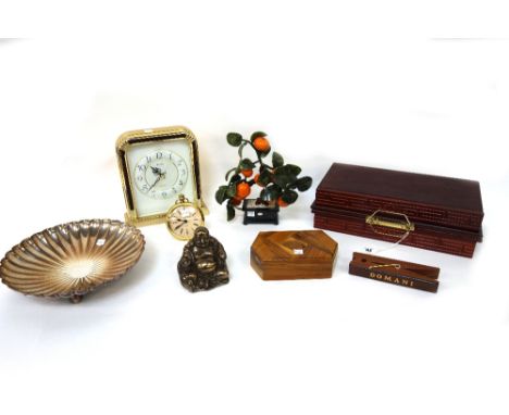 A modern Asian chess set and board, three timepieces, a miniature painting of flowers by Aram, limited edition figures of dra