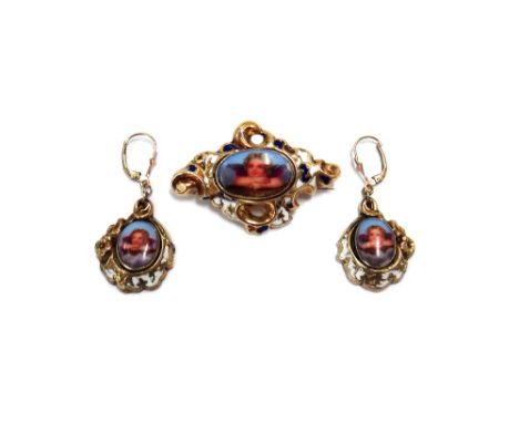 A late 19th century Continental gold, enamel and porcelain panel brooch and matching earrings, each centred with a polychrome