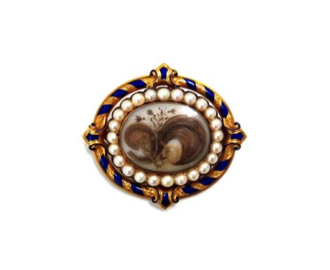 A Victorian gold, enamel and half pearl oval memorial brooch, centred with an oval glazed panel enclosing woven hair, wirewor