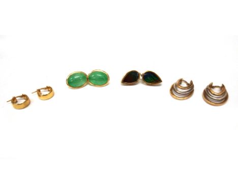 Four pairs of gold earrings, comprising a pair of 9ct gold broad hoops; a pair of bi-colour gold open oval triple hoop earrin