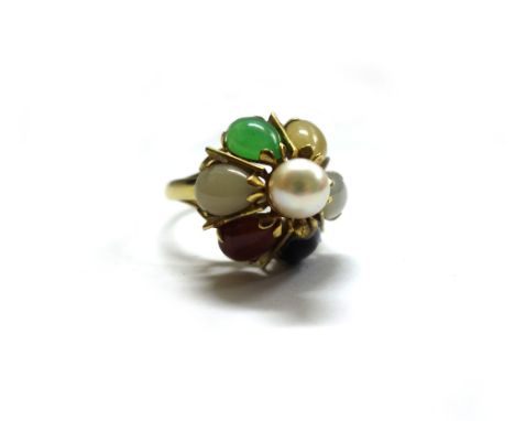 A Continental cultured pearl and multi-coloured jade cluster ring, centred with a cultured pearl approx. 6.9mm diameter, with