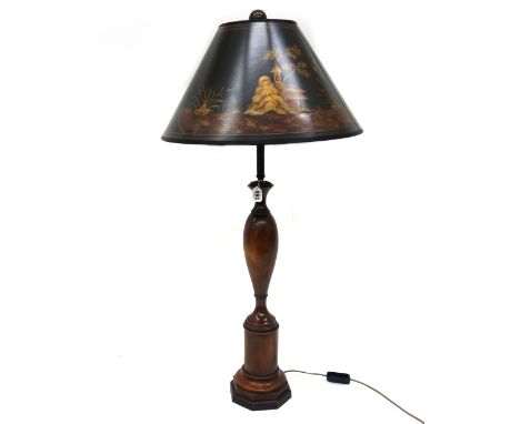 A reproduction mahogany gilt metal mounted table lamp, in George III style, with baluster column and chinoiserie decorated sh