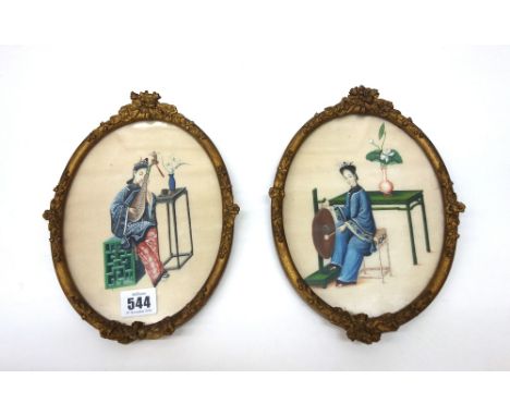 A pair of Chinese pith paper pictures, late 19th century, one depicting a seated lady before a table striking a gong, another