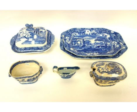 Two Copeland Spode Italian blue and white graduated meat plates, 43 & 37.5cm wide, and four pieces of 19th century Willow pat