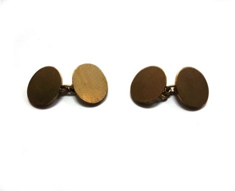 A pair of 9ct gold oval cufflinks, each with two oval engine-turned panels with chain interlinks, the backs engraved with ini