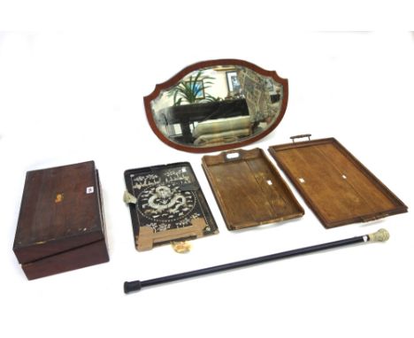 A Victorian rosewood brass bound writing box, 39.5cm wide, mahogany frame wall mirror, two Edwardian oak trays, mother of pea