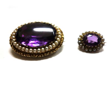 Two late Victorian gold, amethyst and half-pearl oval brooches, one centred with a large foil-backed amethyst within a closed