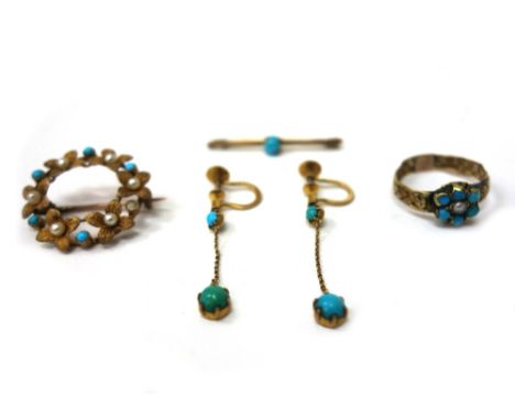 A collection of Victorian and later gold and turquoise jewellery, comprising a turquoise and half pearl cluster ring on a wov