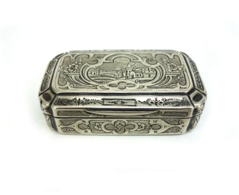 A French rectangular silver snuff box, first half 19th century, foliate and strapwork engraved on an engine turned ground, th