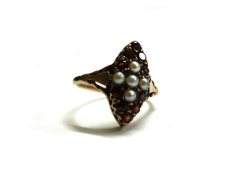 A 9ct gold, garnet and half-pearl marquise-shaped cluster ring, hallmarks for London 1959, finger size L, 2.6 grams gross