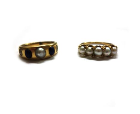 Two gold rings, comprising a Victorian gold, lapis lazuli and half pearl five stone ring, ring size L, unmarked; together wit