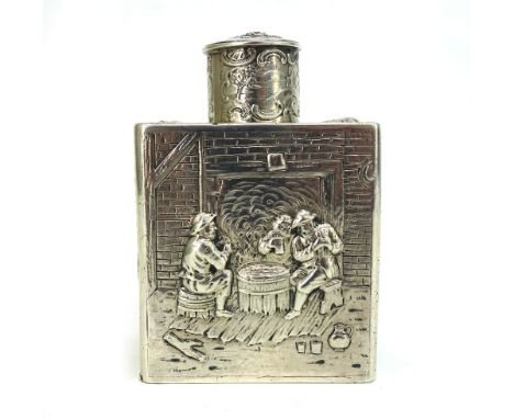 An early 18th century style rectangular silver tea caddy, Continental circa 1900, each side embossed with a figural scene, pu