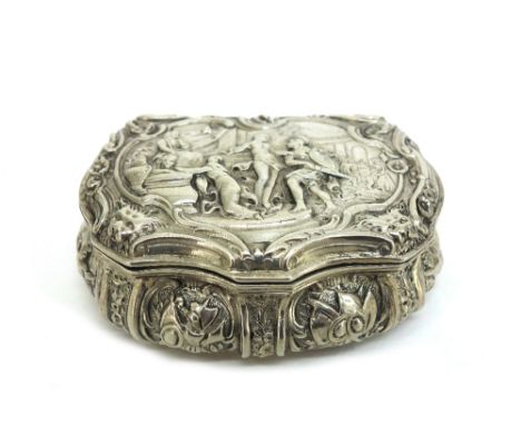 A German silver snuff box, detailed 800, in early 18th century style, of cartouche shape ogee form, the hinged cover embossed