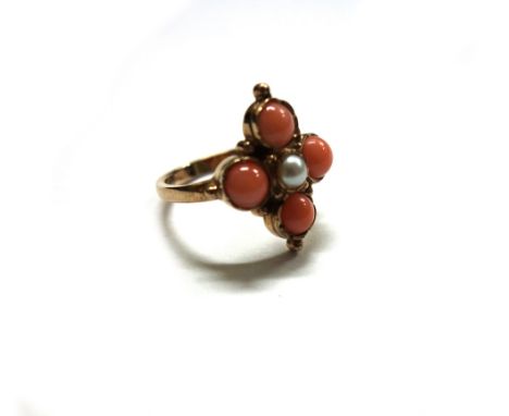 A modern 9ct gold, cultured pearl and coral cluster ring, centred with a small round cultured pearl within a cabochon coral q