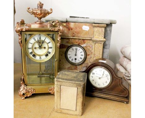 A Four Glass Mantle Clock, a marble mantle timepiece, another mahogany example and a brass carriage timepiece (4)