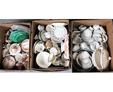 Three Boxes of Assorted Ceramics, including a Victorian tea service, Royal Crown Derby pedestal bowl, pearlware plates, cream