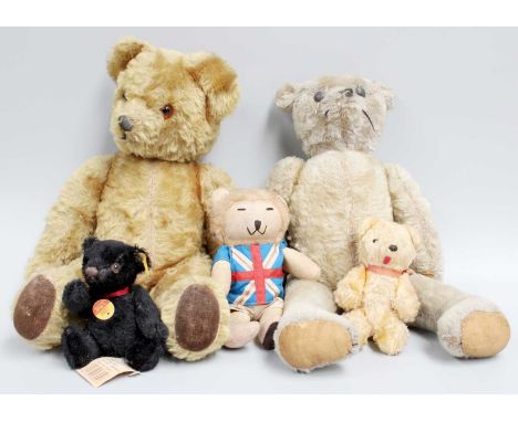 Circa 1940's Yellow Plush Jointed Teddy Bear, Another Later, Small Black Steiff Bear, 1966 World Cup Lion and One Other (5)