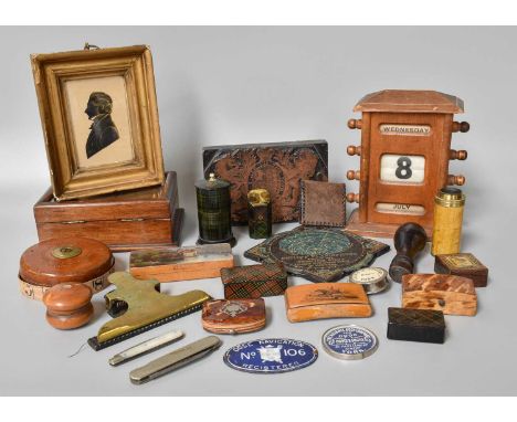 A Collection of 19th century and later Collectables, including various Tartanware and Tortoiseshell boxes, a Tunbridge stamp 