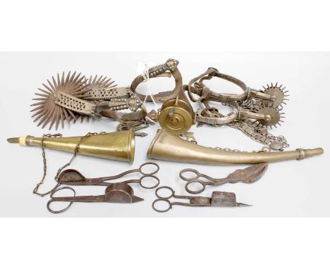 Two Pairs of 19th Century Metal Riding Stirrups, possibly Spanish; together with two brass hunting horns, various steel candl
